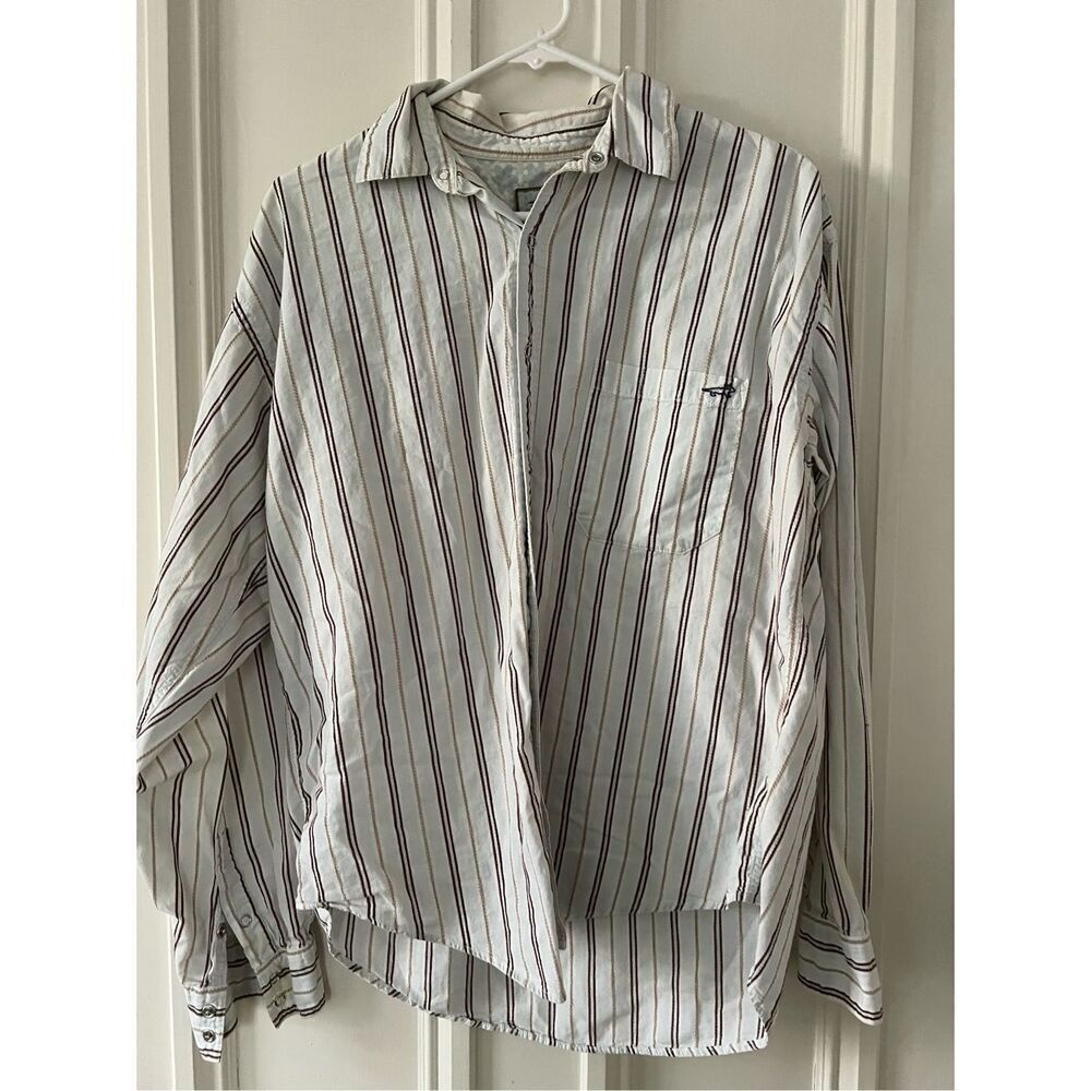 Horny Toad light blue and  brown striped cotton button down men's shirt M